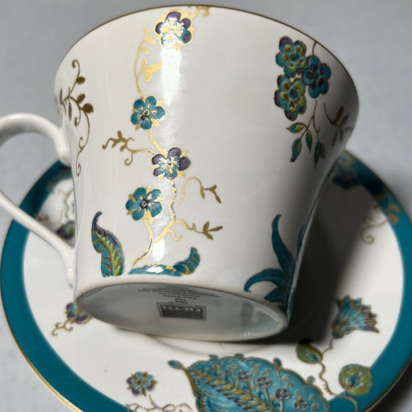 Vintage Retired Flat Cup & Saucer Set Eliza Teal by 222 FIFTH Gold Trim - Picture 4 of 7